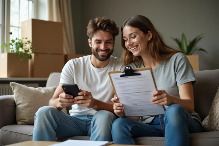 Couple consultant une liste d'étapes administratives pour leur changement d'adresse dans un appartement en cours de déménagement