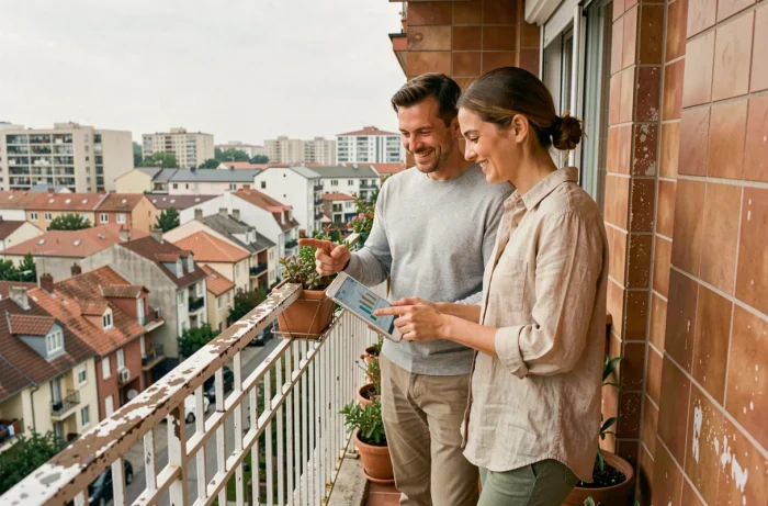 Couple examinant des données immobilières sur une tablette depuis le balcon d'un appartement rénové avec vue sur la ville