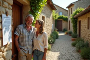 Couple de la cinquantaine découvrant une maison à vendre dans un vieux village rural en pierre