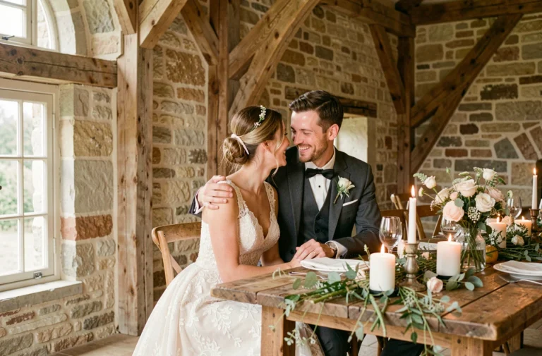 Couple de mariés partageant un moment complice et naturel lors de leur réception de mariage dans une grange en pierre en France