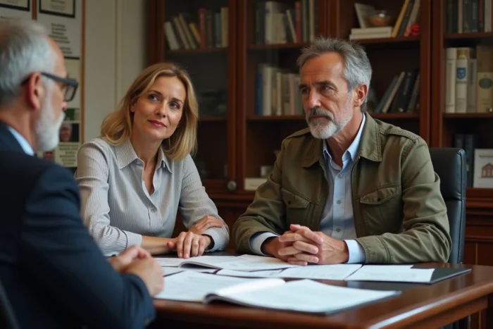 Couple de propriétaires consultant un notaire pour les démarches administratives de conformité de leur bien immobilier