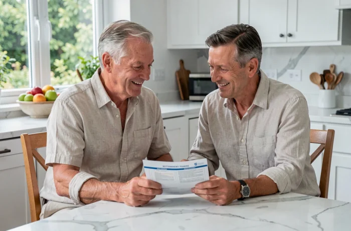 Couple de seniors planifiant leur retraite ensemble autour d'une table de cuisine