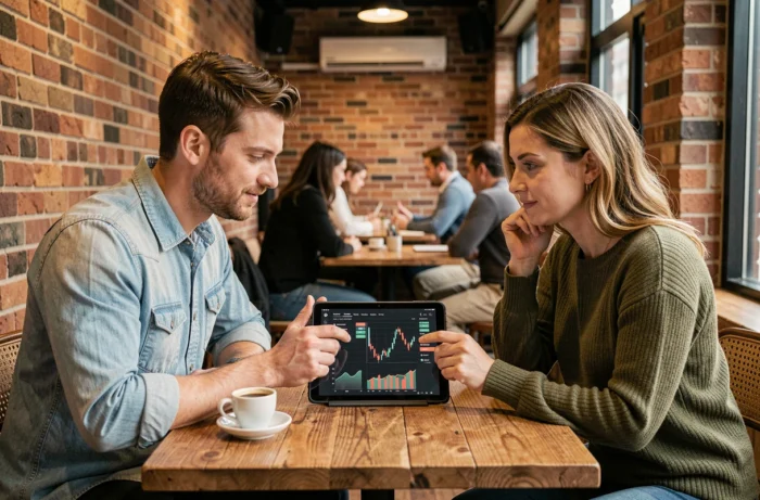 Couple discutant d'actualités financières sur une tablette dans un café urbain chaleureux