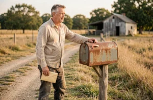 Homme tenant son courrier près d'une boîte aux lettres sur un terrain non constructible en zone rurale