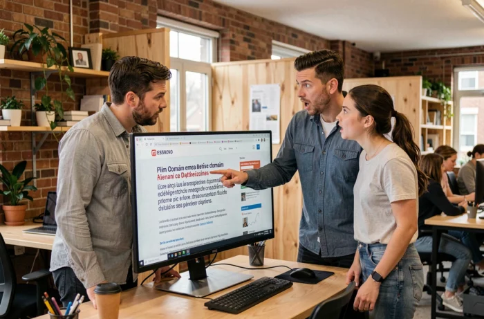 Groupe de personnes débattant d'une polémique sur des noms de domaine électoraux français devant un écran dans un espace de co-working