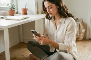 Jeune femme débutante sur Instagram tenant un smartphone et découvrant le réseau social dans un bureau minimaliste et lumineux