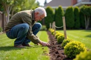 Homme plantant une haie de buis pour délimiter son terrain sans clôture dans un jardin résidentiel