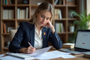 Femme remplissant un formulaire de demande de visa belge à son bureau à domicile