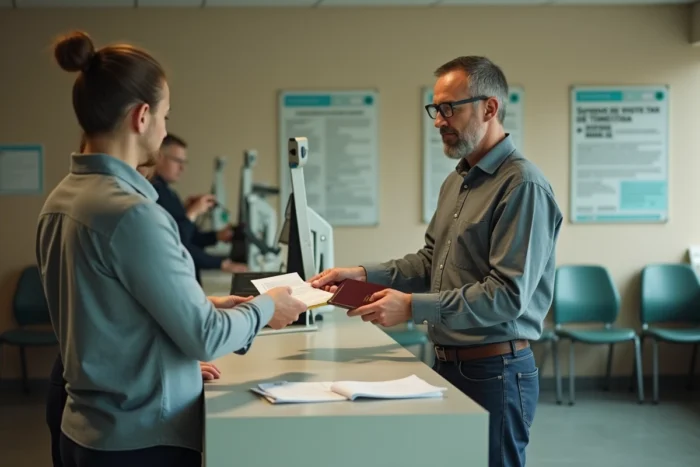 Homme déposant ses documents de visa belge au guichet d'un consulat