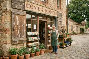 Devanture vintage d'un magasin de jardinage coopératif français dans un village rural, avec un vendeur en tablier vert et une façade en pierre aux enseignes typographiques rétro
