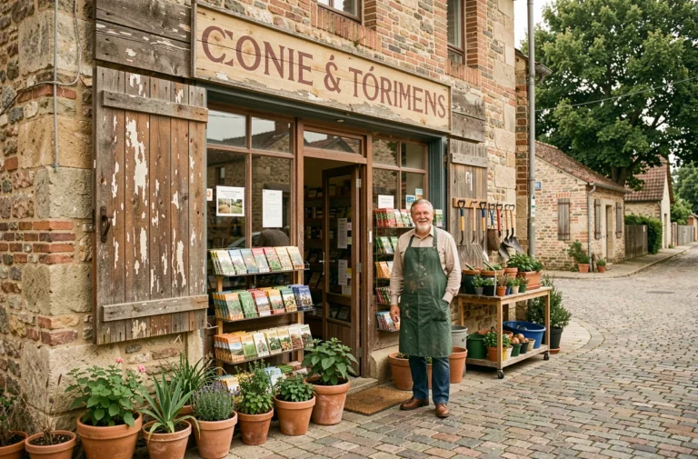 Devanture vintage d'un magasin de jardinage coopératif français dans un village rural, avec un vendeur en tablier vert et une façade en pierre aux enseignes typographiques rétro