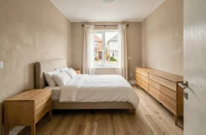 Chambre standard de 15 m² avec lit queen size, parquet en chêne et décoration minimaliste illustrant les dimensions idéales d'une chambre confortable