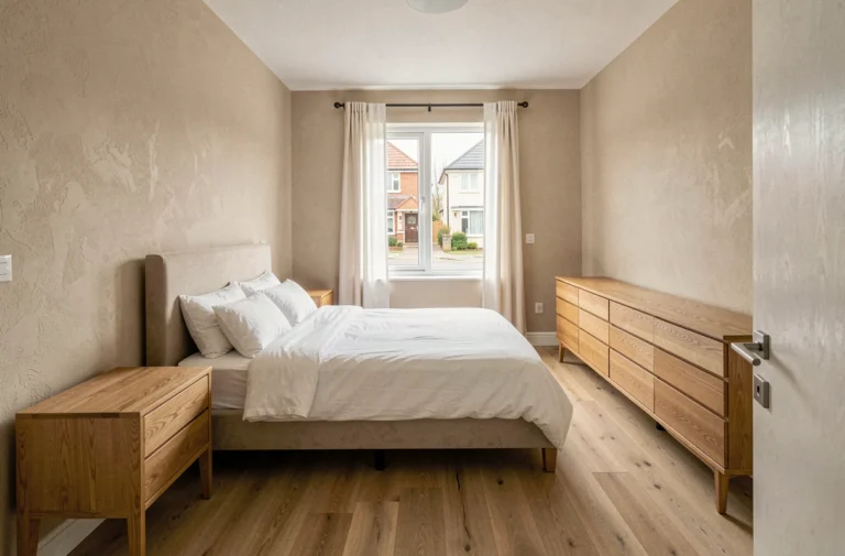 Chambre standard de 15 m² avec lit queen size, parquet en chêne et décoration minimaliste illustrant les dimensions idéales d'une chambre confortable