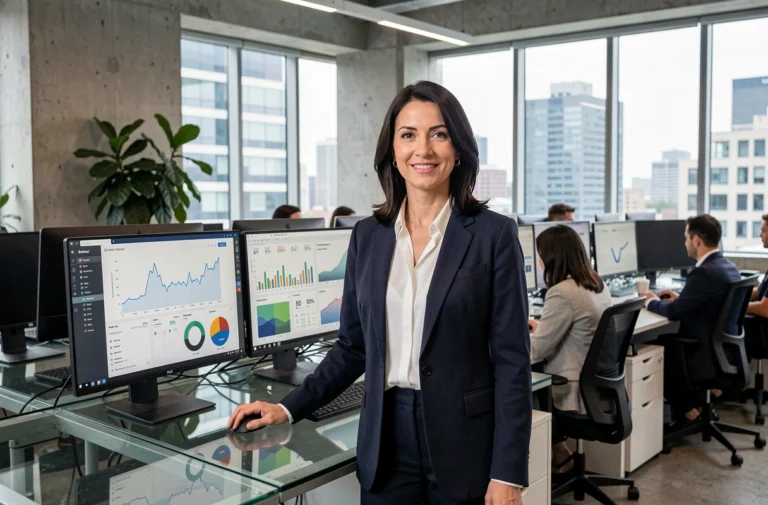 Directrice d'entreprise analysant des tableaux de bord numériques dans un bureau moderne pour piloter la transformation digitale