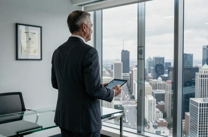 Dirigeant en costume sombre contemplant la ville depuis une fenêtre panoramique d'un bureau exécutif minimaliste