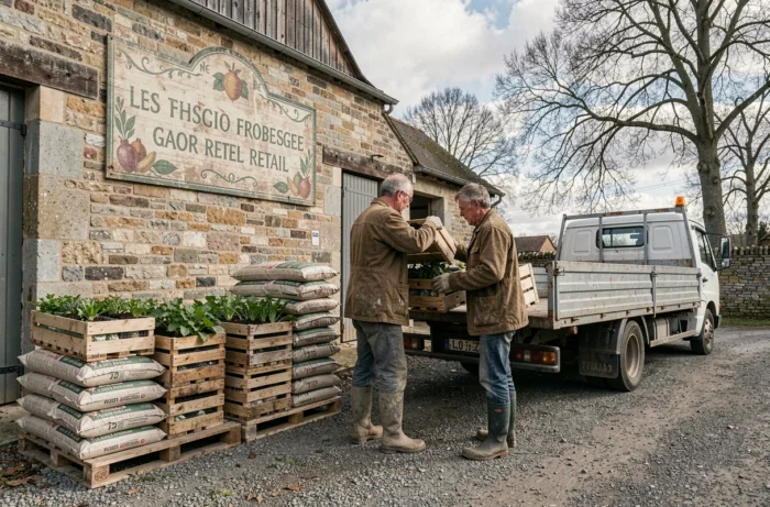 Entrepôt de coopérative agricole française à la campagne avec deux agriculteurs chargeant des plants de légumes sur un camion plateau devant un bâtiment en pierre historique