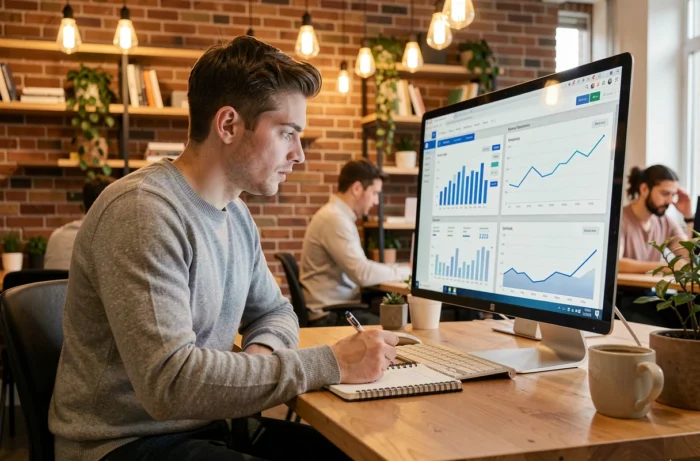 Jeune entrepreneur analysant des données marketing sur un écran d'ordinateur dans un espace de coworking