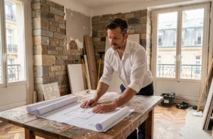 Entrepreneur en rénovation parisien consultant des plans architecturaux dans un appartement haussmannien en cours de travaux