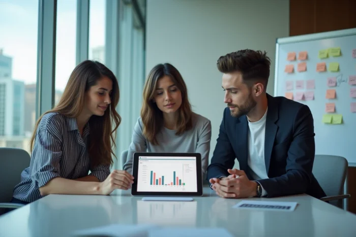 Équipe de professionnels analysant des tendances de consommation web sur une tablette en réunion