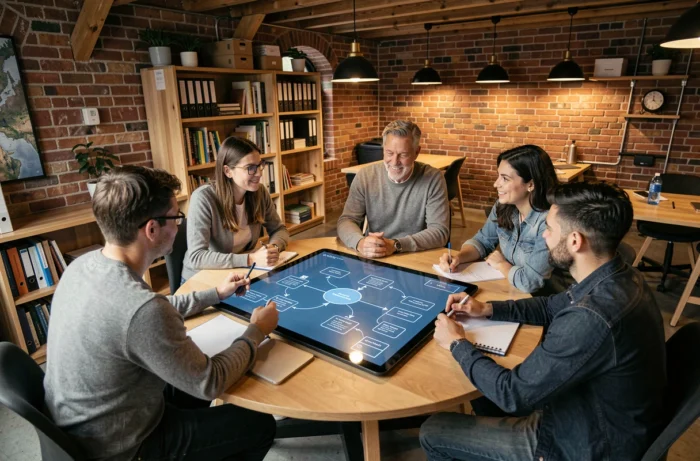 Équipe de professionnels collaborant autour d'une feuille de route digitale lors d'un atelier de transformation en espace coworking