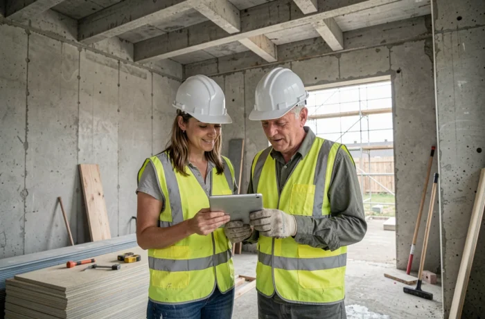 Deux ouvriers en chantier consultant une tablette dans une maison en cours de construction avec ossature brute