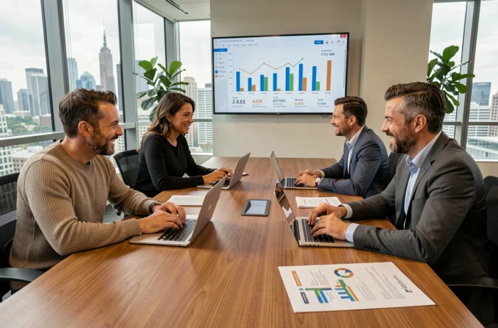 Équipe marketing diversifiée collaborant autour d'une table de conférence avec graphiques de croissance en arrière-plan
