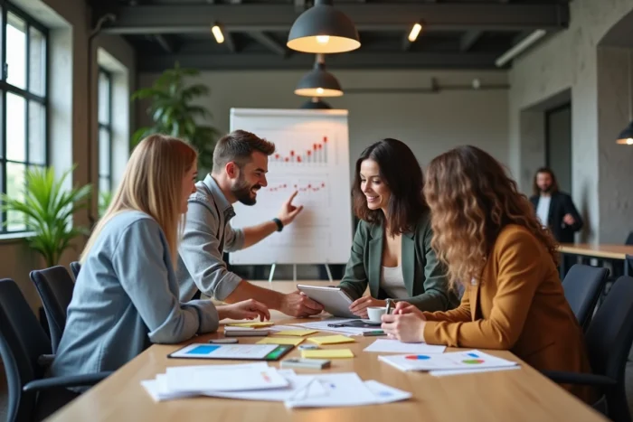 Équipe de professionnels collaborant sur une stratégie de gestion de communauté en ligne dans un bureau moderne