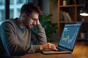 Homme frustré devant un ordinateur affichant une erreur de retrait d'euros sur Binance