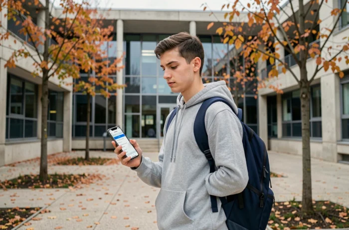 Étudiant consultant le portail eCandidat sur smartphone devant le campus de l'UPEC à Créteil