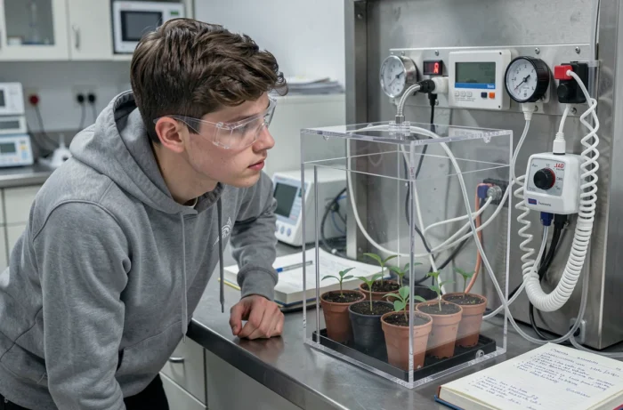 Étudiant en sciences observant des jeunes pousses dans une chambre expérimentale à CO₂ contrôlé dans un laboratoire de biologie végétale