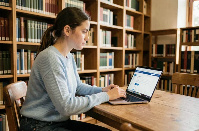 Étudiante remplissant un dossier de candidature en ligne sur eCandidat dans une bibliothèque universitaire