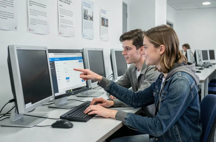 Deux étudiants collaborant sur une candidature eCandidat dans une salle informatique universitaire