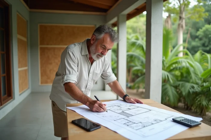 Expatrié européen consultant des plans architecturaux pour construire une maison à petit budget en Thaïlande