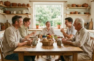 Famille épanouie partageant un petit-déjeuner convivial autour d'une grande table en bois dans une cuisine chaleureuse