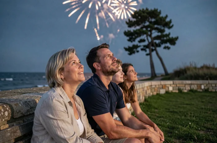 Famille regardant les feux d'artifice depuis la promenade côtière de l'île d'Oléron lors d'une soirée estivale