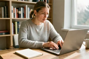 Femme consultant le portail ANEF sur un ordinateur portable pour annuler une demande de titre de séjour