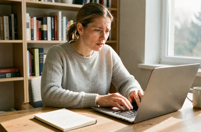 Femme consultant le portail ANEF sur un ordinateur portable pour annuler une demande de titre de séjour