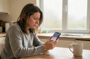 Femme consultant son smartphone avec une expression perplexe face à un appel d'un numéro inconnu dans une cuisine moderne