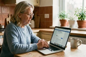 Femme d'une cinquantaine d'années consultant des avis sur un forum en ligne à propos d'Orthosamine sur son ordinateur portable dans une cuisine chaleureuse