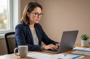 Femme professionnelle consultant les actualités financières sur un ordinateur portable dans un bureau à domicile moderne