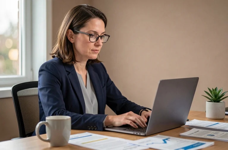 Femme professionnelle consultant les actualités financières sur un ordinateur portable dans un bureau à domicile moderne
