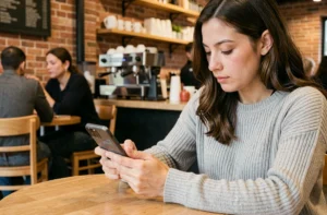 Femme dans un café consultant un code WiFi Free sur son smartphone pour se connecter au réseau FreeWiFi Secure