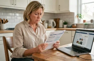 Femme consultant son contrat d'assurance habitation à la cuisine pour comprendre la couverture punaises de lit