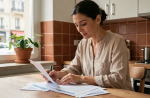 Femme consultant ses documents d'assurance habitation à la table de sa cuisine dans un appartement moderne
