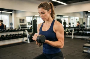 Femme s'entraînant avec des haltères dans une salle de sport moderne pour optimiser ses résultats sportifs