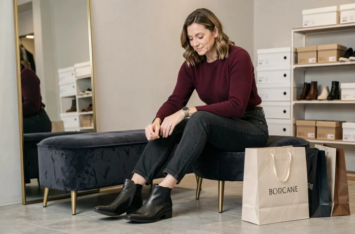 Femme épanouie essayant des bottines en cuir dans une cabine d'essayage moderne et élégante