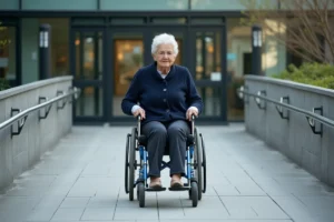 Femme en fauteuil roulant empruntant une rampe d'accès PMR à l'entrée d'un bâtiment public moderne
