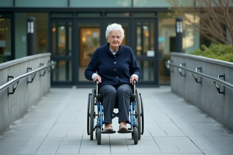 Femme en fauteuil roulant empruntant une rampe d'accès PMR à l'entrée d'un bâtiment public moderne