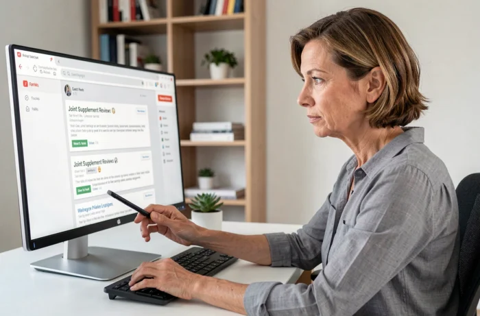 Femme consultant des forums spécialisés sur un écran d'ordinateur dans un bureau moderne pour recueillir des avis sur Orthosamine