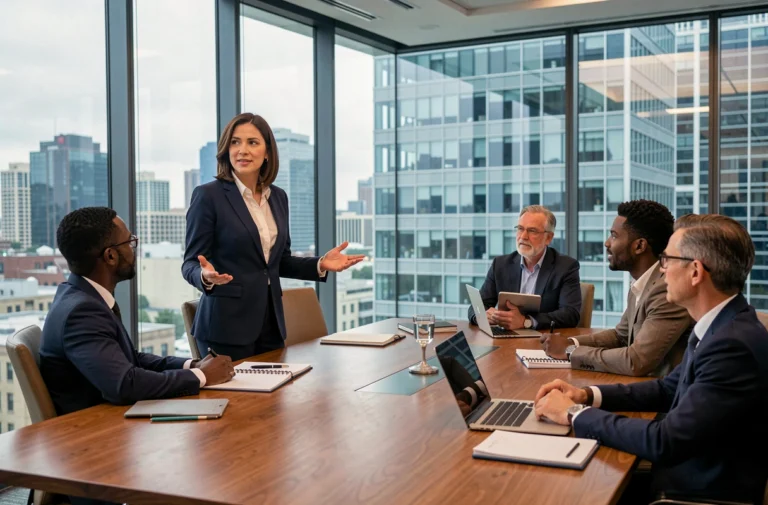 Femme leader en blazer marine animant une réunion d'équipe dans une salle de conférence moderne avec vue sur la ville